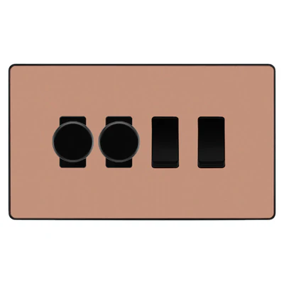 BG Evolve Polished Copper 4 Gang Switch 2x Trailing Edge LED Dimmer 2x Intermediate Custom Grid Switch by British General (BG-Evolve-CP-4G-CUSTOM-2x-Dimmer-2x-INT)