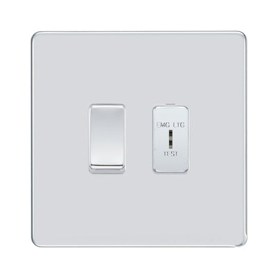 BG Screwless Polished Chrome 2 Gang Emergency Lighting (EMG LTG TEST) Key Switch with 2 Way Single Pole Switch by British General (BG-SCL-PC-2G-1x-EMG-LTG-1x-SP)