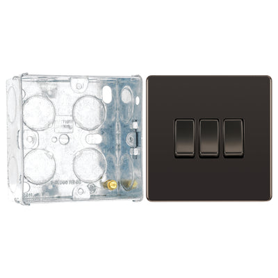 BG Screwless Black Nickel 20A 16AX 2 Way Triple Light Switch FBN43 with 35mm Steel Back Box