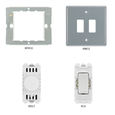 BG Metal Clad 2 Gang Switch 1x LED Dimmer 1x Intermediate Custom Grid Switch
