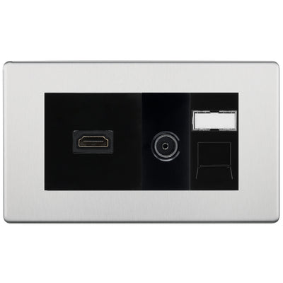 BG Screwless Brushed Steel Media Wall Plate TV Aerial, HDMI & CAT6 Outlet – Black Insert