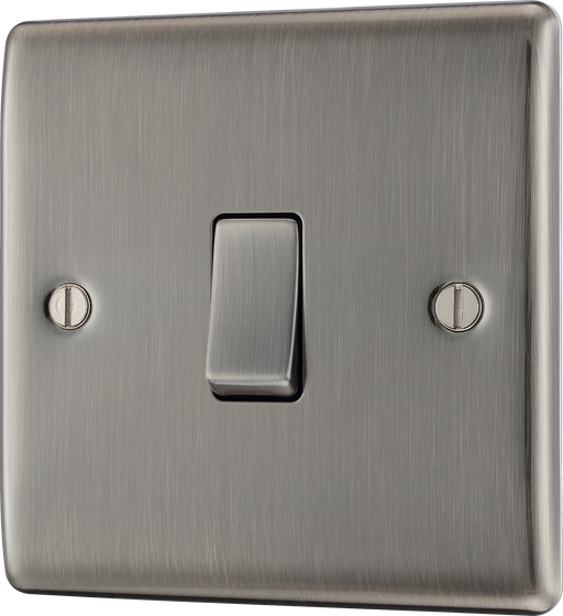 NBI12 Front - This brushed Iridium finish 20A 16AX single light switch from British General will operate one light in a room.