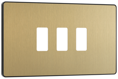 BG RPCDSB3B Evolve Grid Satin Brass 3 Module Rectangular Front Plate - Black Trim