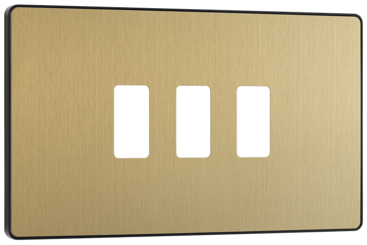 RPCDSB3B Front - The Grid modular range from British General allows you to build your own module configuration with a variety of combinations and finishes. This satin brass finish Evolve front plate clips on for a seamless finish, and can accommodate 3 Grid modules - ideal for switches and other domestic applications.