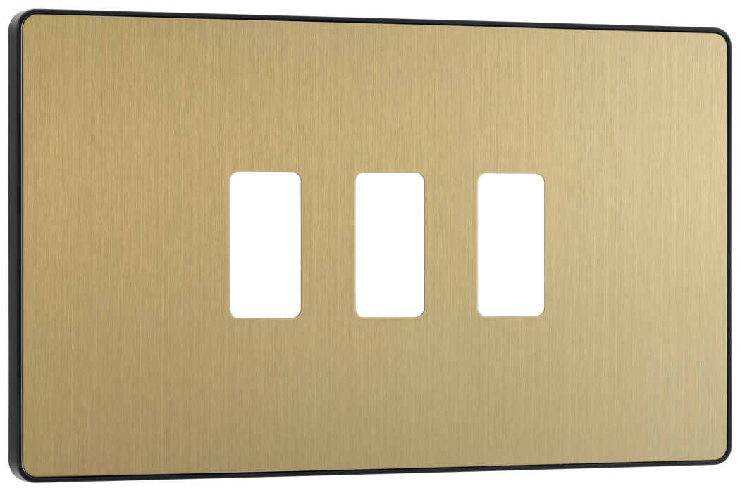 RPCDSB3B Front - The Grid modular range from British General allows you to build your own module configuration with a variety of combinations and finishes. This satin brass finish Evolve front plate clips on for a seamless finish, and can accommodate 3 Grid modules - ideal for switches and other domestic applications.