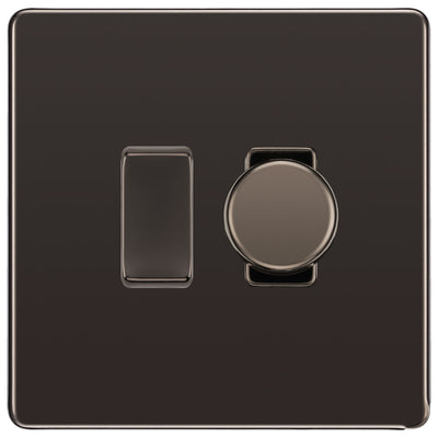 BG Black Nickel Screwless Flat Plate 2 Gang Light Switch 1x Trailing Edge LED Dimmer 1x 2 Way Custom Switch by British General (SCREWLESS-BN-2G-CUSTOM-1xDIMMER-1x2Way)