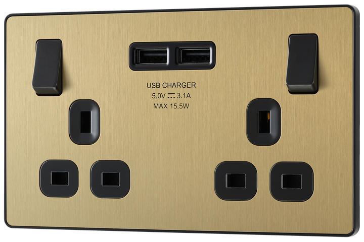 PCDSB22U3B Front - This Evolve Satin Brass 13A double power socket from British General comes with two USB charging ports, allowing you to plug in an electrical device and charge mobile devices simultaneously without having to sacrifice a power socket.