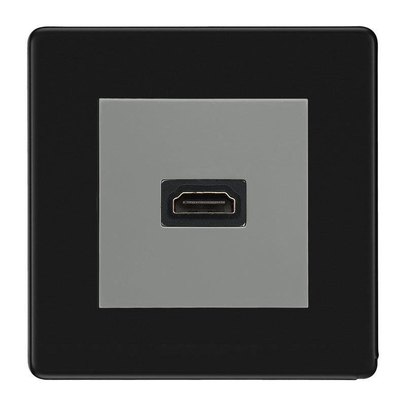 BG Nexus Flatplate Screwless Matt Black 1 Gang HDMI Socket Grey Insert