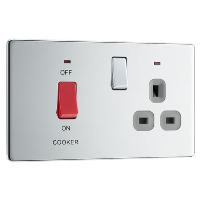 BG Screwless Polished Chrome 45A 2 Pole Cooker Neon Socket Switch FPC70G with 25mm Steel Back Box