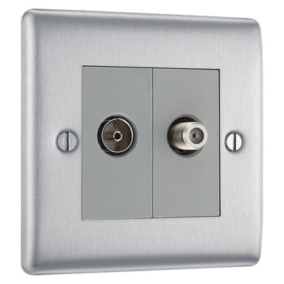 BG Nexus Brushed Steel 2 Gang 1x Co-Axial 1x Satellite Socket & Surface Pattress Back Box