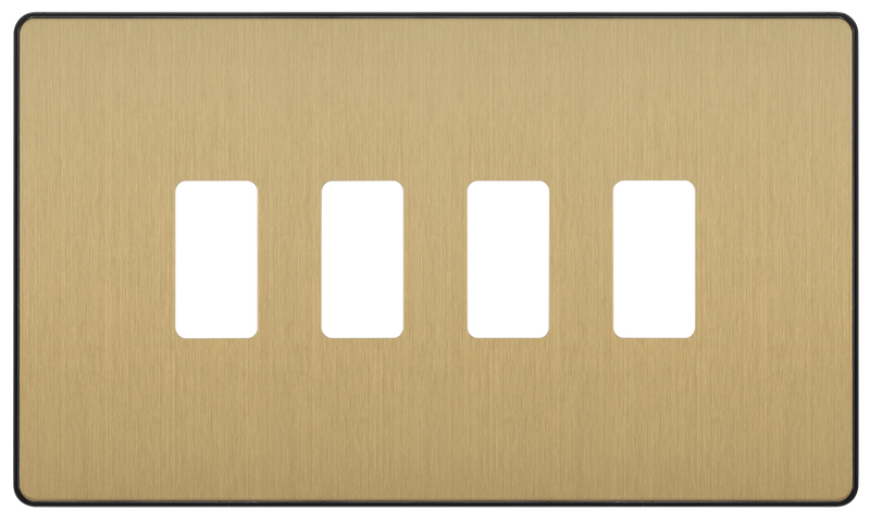 BG RPCDSB4B Evolve Grid Satin Brass 4 Module Rectangular Front Plate - Black Trim