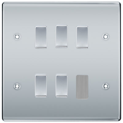 BG Polished Chrome 5 Gang 2 Way Custom Grid Light Switch with Back Box Included by British General (BG-NEXUS-PC-5G-CUSTOM-LIGHT-SWITCH)