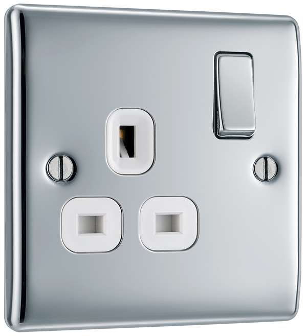 NPC21W Front - This polished chrome finish 13A single switched socket from British General has a sleek and slim profile with softly rounded edges and no visible plastic around the switch to add a touch of luxury to your decor.