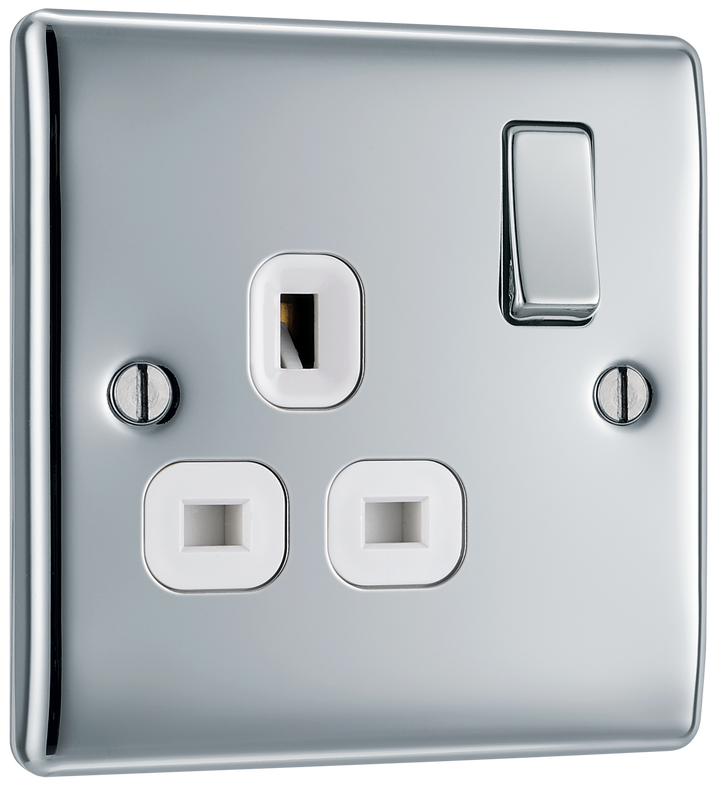 NPC21W Front - This polished chrome finish 13A single switched socket from British General has a sleek and slim profile with softly rounded edges and no visible plastic around the switch to add a touch of luxury to your decor.