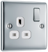 NPC21W Front - This polished chrome finish 13A single switched socket from British General has a sleek and slim profile with softly rounded edges and no visible plastic around the switch to add a touch of luxury to your decor.