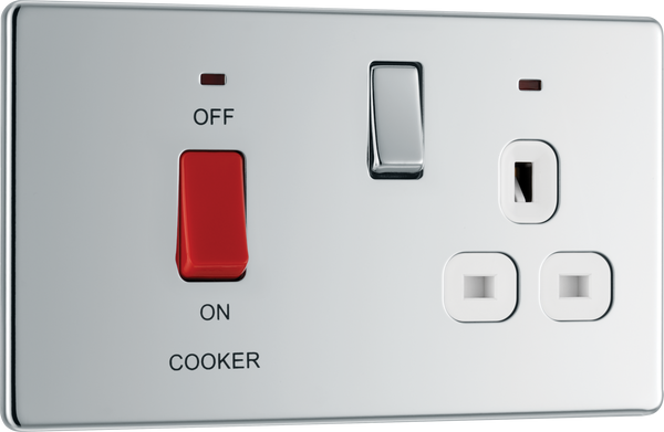 FPC70W Front - This 45A cooker control unit from British General includes a 13A socket for an additional appliance outlet and has flush LED indicators above the socket and switch.