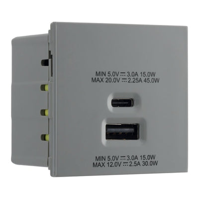 BG Nexus Polished Chrome 45W USB Wall Socket Euro Module USB-A & C - Grey Insert