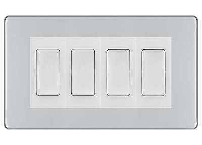 BG Electrical Screwless Polished Chrome 4-Gang Light Switch 1x 2-Way + 3x Intermediate – White Inserts