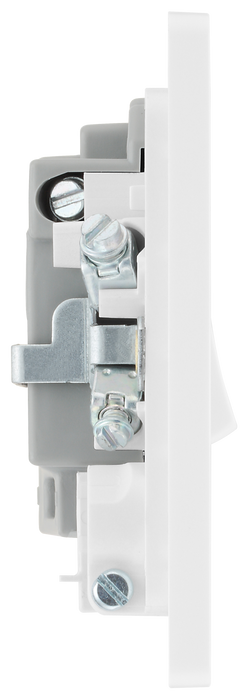 PCDCL52W Side - This Evolve pearlescent white 13A fused and switched connection unit from British General with power indicator provides an outlet from the mains containing the fuse, ideal for spur circuits and hardwired appliances.