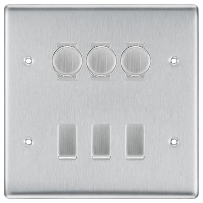 BG Nexus Brushed Steel 6 Gang Switch 3x Trailing Edge LED Dimmer 3x Intermediate Custom Grid Switch