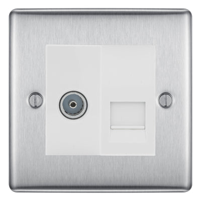 BG Nexus Brushed Steel TV Aerial & BT Telephone Outlet Plate — Screened + IDC - White