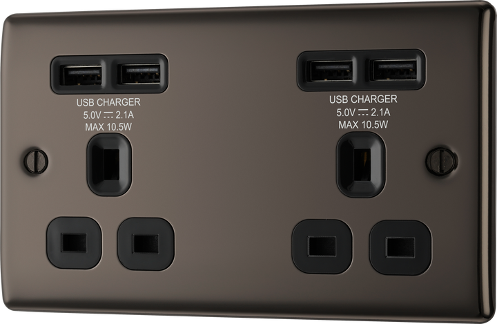 NBN24U44B Front - This 13A double power socket from British General comes with four USB charging ports allowing you to plug in an electrical device and charge mobile devices simultaneously without having to sacrifice a power socket.