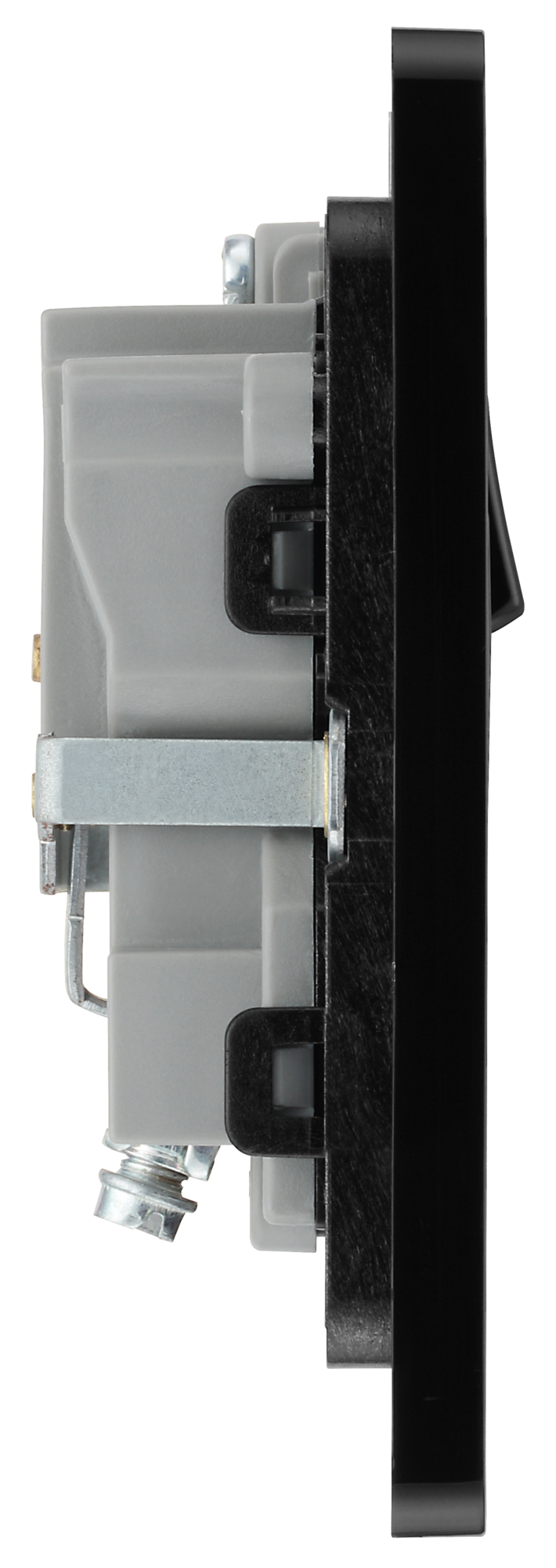 PCDBC21B Side - This Evolve Black Chrome 13A single switched socket from British General has been designed with angled in line colour coded terminals and backed out captive screws for ease of installation, and fits a 25mm back box making it an ideal retro-fit replacement for existing sockets.