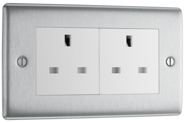 NBS24W Front - This brushed steel finish 13A double unswitched socket from British General has a sleek and slim profile with softly rounded edges and an anti-fingerprint lacquer for a luxurious finish. This socket has been designed with angled in line colour coded terminals and backed out captive screws for ease of installation.