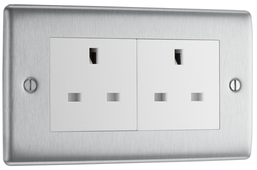 NBS24W Front - This brushed steel finish 13A double unswitched socket from British General has a sleek and slim profile with softly rounded edges and an anti-fingerprint lacquer for a luxurious finish. This socket has been designed with angled in line colour coded terminals and backed out captive screws for ease of installation.