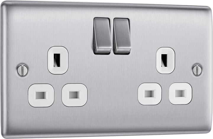 NBS22W Front - This brushed steel finish 13A double switched socket from British General has a sleek and slim profile with softly rounded edges, anti-fingerprint lacquer and no visible plastic around the switches for a luxurious finish