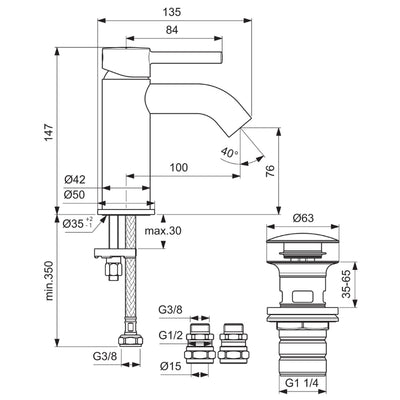 Ideal Standard Ceraline Basin Tap With Clicker Waste - BC186AA