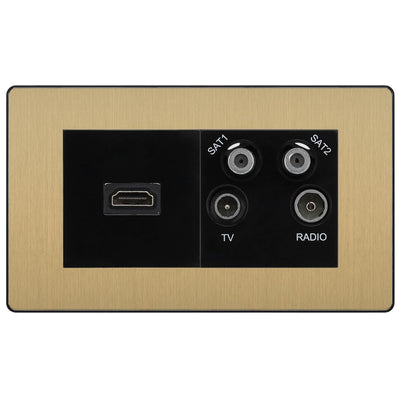 BG Evolve Satin Brass 4G Faceplate with HDMI + TV/FM/SAT Module - Black Insert by British General (BG-PCDSBEMR4B-HDMI-TVFM2B)