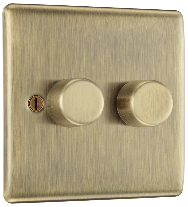 BG NAB82 Antique Brass Trailing Edge Double Dimmer Switch 2 Gang 2 Way LED