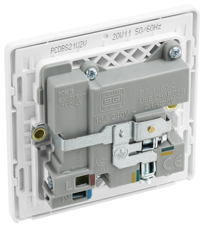 PCDBS21U2W Back - This Evolve Brushed Steel 13A single power socket from British General comes with two USB charging ports, allowing you to plug in an electrical device and charge mobile devices simultaneously without having to sacrifice a power socket.