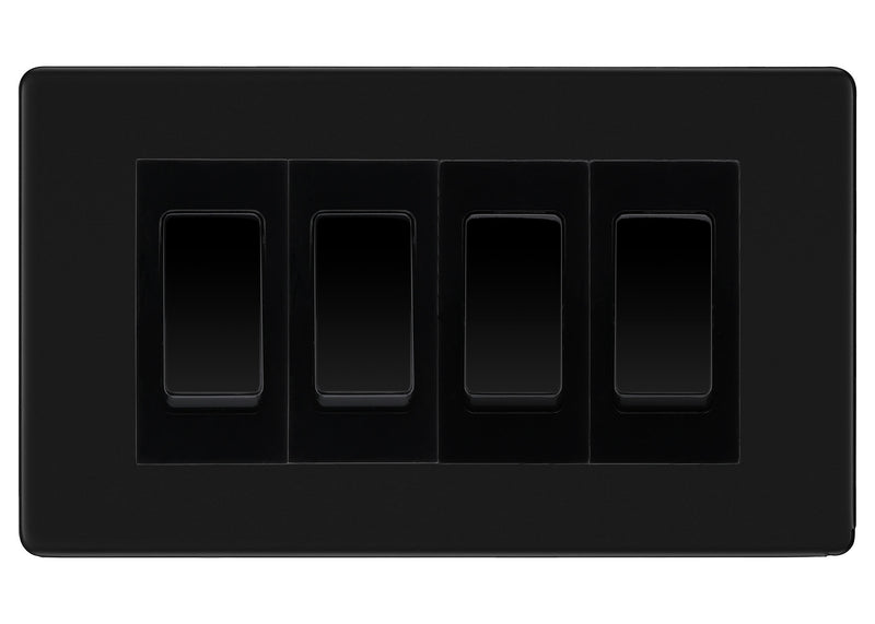 BG Screwless Matt Black 4-Gang Light Switch 3x 2-Way + 1x Intermediate – Black Inserts