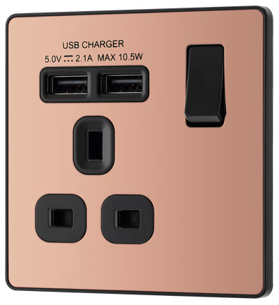 BG Evolve PCDCP21U2B Polished Copper 1 Gang 13A 2x USB-A 2.1A Switched Socket Outlet - Black Insert