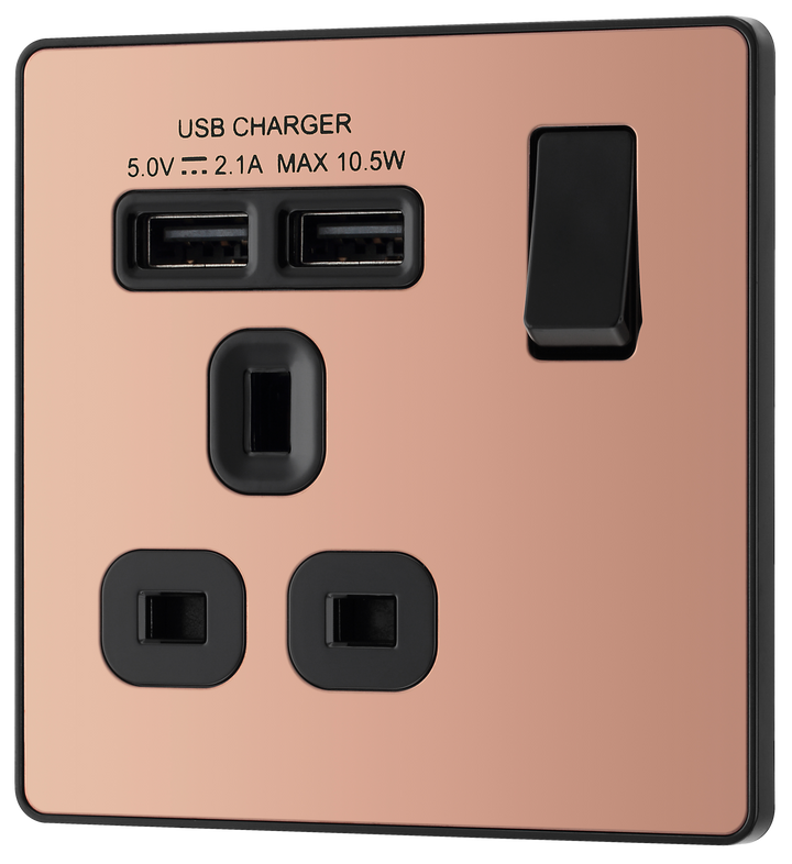 PCDCP21U2B Front - This Evolve Polished Copper 13A single power socket from British General comes with two USB charging ports, allowing you to plug in an electrical device and charge mobile devices simultaneously without having to sacrifice a power socket.