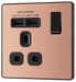 PCDCP21U2B Front - This Evolve Polished Copper 13A single power socket from British General comes with two USB charging ports, allowing you to plug in an electrical device and charge mobile devices simultaneously without having to sacrifice a power socket.