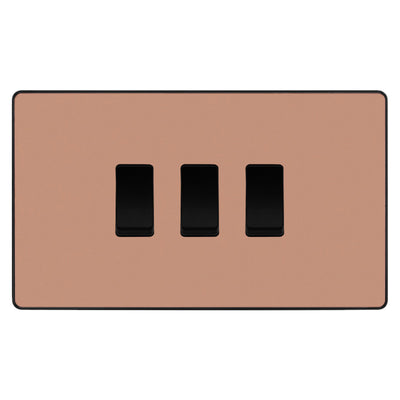 BG Evolve Polished Copper 3 Gang Light Switch 2x Intermediate 1x 2 Way Custom Grid Switch