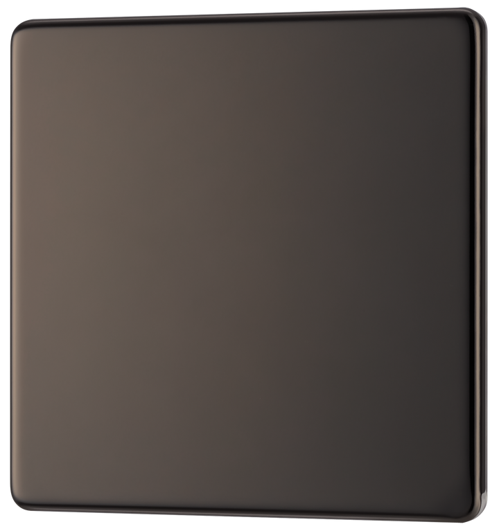 FBN94 Front - This screwless black nickel single blank plate from British General is ideal for covering unused electrical connections and has a slim clip-on/off front plate for a luxurious finish