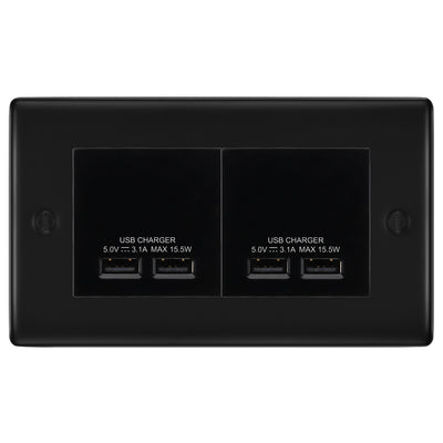 BG Nexus Matt Black 4-Gang Euro Plate with 2X USB-A Dual Chargers – Black Insert by British General (BG-NFBEMR4+EMUSB3B)