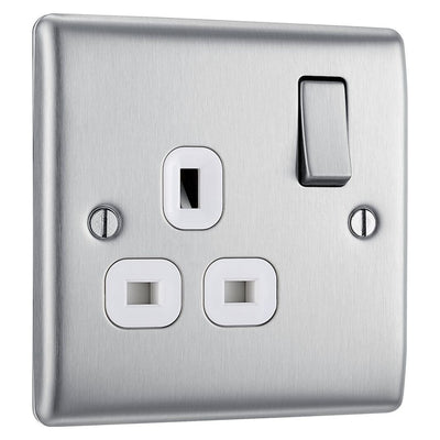 BG Nexus Metal Brushed Steel 13A Single Switched Socket NBS21W with 35mm Steel Back Box