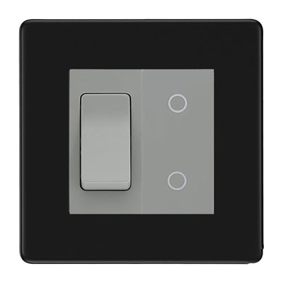 BG Matt Black Screwless 2 Gang Custom Switch 1x 2 Way Switch 1x Master Touch Dimmer Grey Inserts by British General (BG-SL-MB-2G-1x-2WAY-SWITCH-1x-MTD-GI)