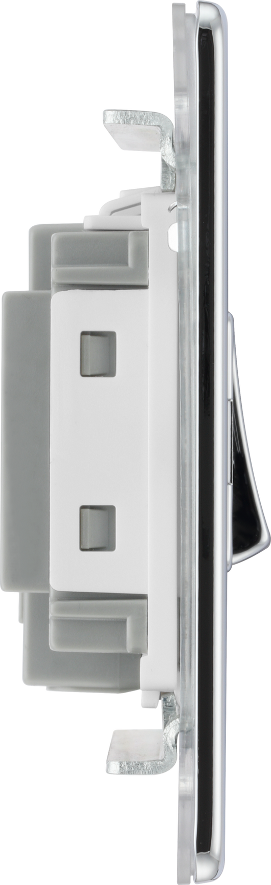 FPC15F Side - This Screwless Flatplate 10A triple pole fan isolator switch from British General has a separate fuse carrier and provides a safe and simple method of isolating mechanical fan units. The polished chrome finish frontplate clips on and off and sits flush against the wall, making it ideal for modern interiors.
