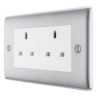 Brushed Steel 2 Gang 13A Unswitched Socket & Surface Pattress Back Box