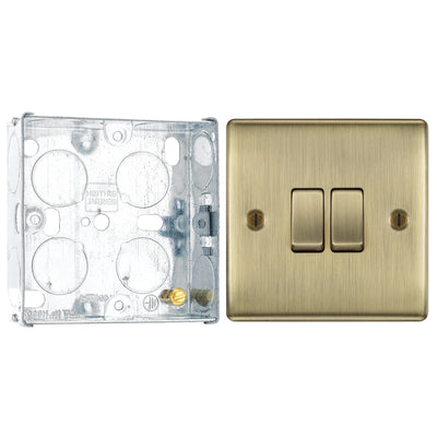 BG Nexus Metal Antique Brass 20A 16AX 2 Way Double Light Switch NAB42 with 25mm Steel Back Box by British General (BG-NAB42+HGS02)