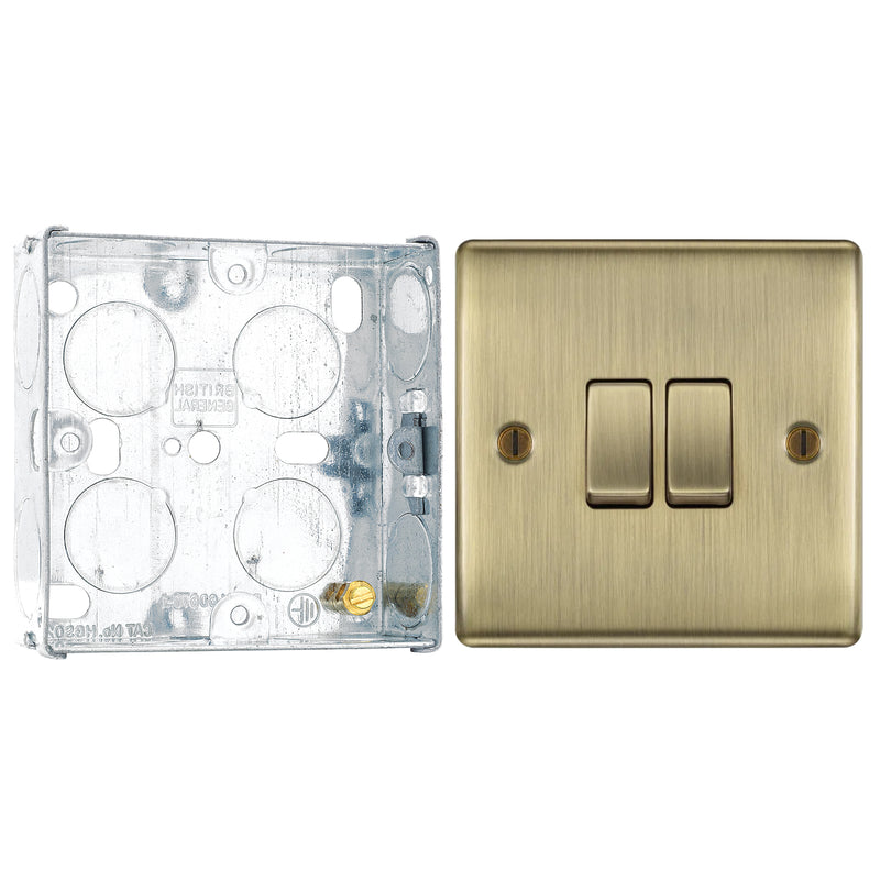 BG Nexus Metal Antique Brass 20A 16AX 2 Way Double Light Switch NAB42 with 25mm Steel Back Box