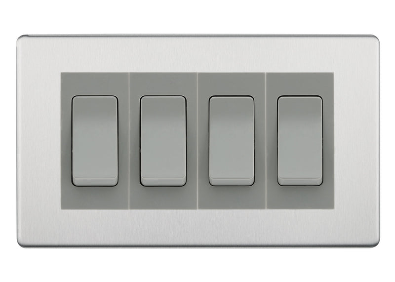 BG Electrical Screwless Brushed Steel 4-Gang Light Switch 1x 2-Way + 3x Intermediate – Grey Inserts