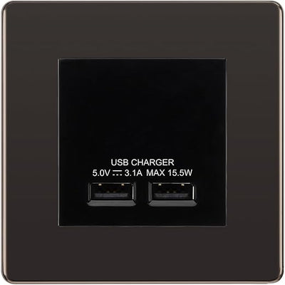 BG Screwless Black Nickel Dual USB Charger 3.1A Output Socket - Black Insert by British General (BG-FBNEMS2+EMUSB3B)