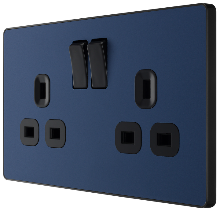 PCDDB22B Side - This Evolve Matt Blue 13A double switched socket from British General has been designed with angled in line colour coded terminals and backed out captive screws for ease of installation, and fits a 25mm back box making it an ideal retro-fit replacement for existing sockets.